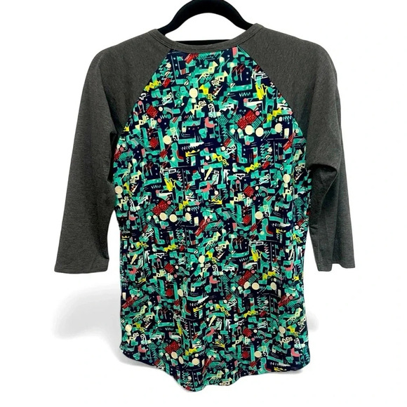 LuLaRoe Randy baseball style T-shirt with grey sleeves and 80s pattern size S - Picture 2 of 5